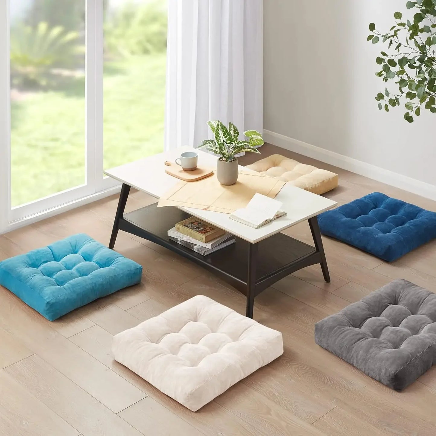 Floor Pillow Set of 2 Square Large Pillows Seating for Adults Tufted Corduroy Cushions for Balcony Outdoor Tatami Living Room