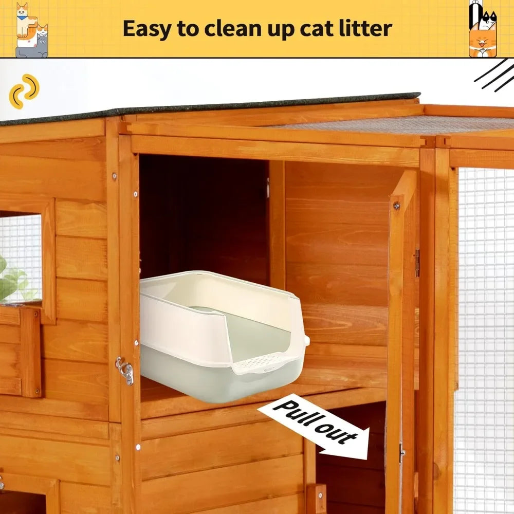 Large Wood Cat Catio, Outdoor Enclosure with Weatherproof Roof, 2 Resting Rooms, 2 Platforms, 4-Tier Cat Playpen,