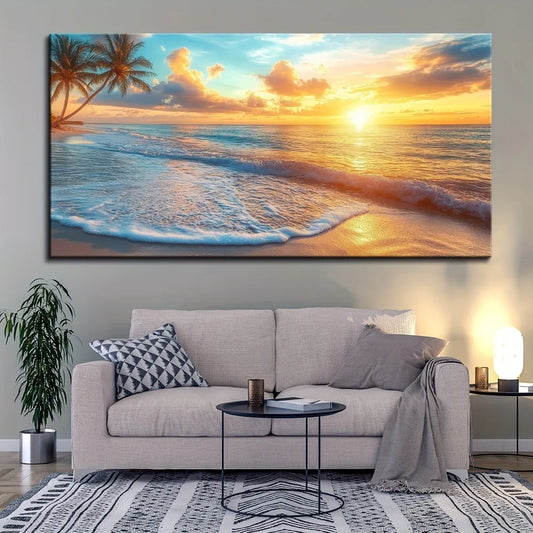 1.5 Inch Thick Pine Solid Wood Frame Natural Scenery Canvas Mural Ocean Sunset Coast Scenery Beach Picture Wall Decoration
