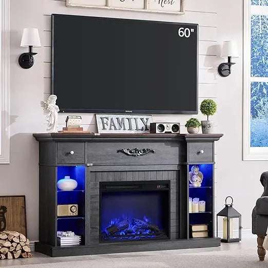 54 Inch Farmhouse Electric Fireplace TV Stand for 60 Inch Television 33 Inch Tall LED Entertainment Center with 7 Color Open Adjustable Shelves