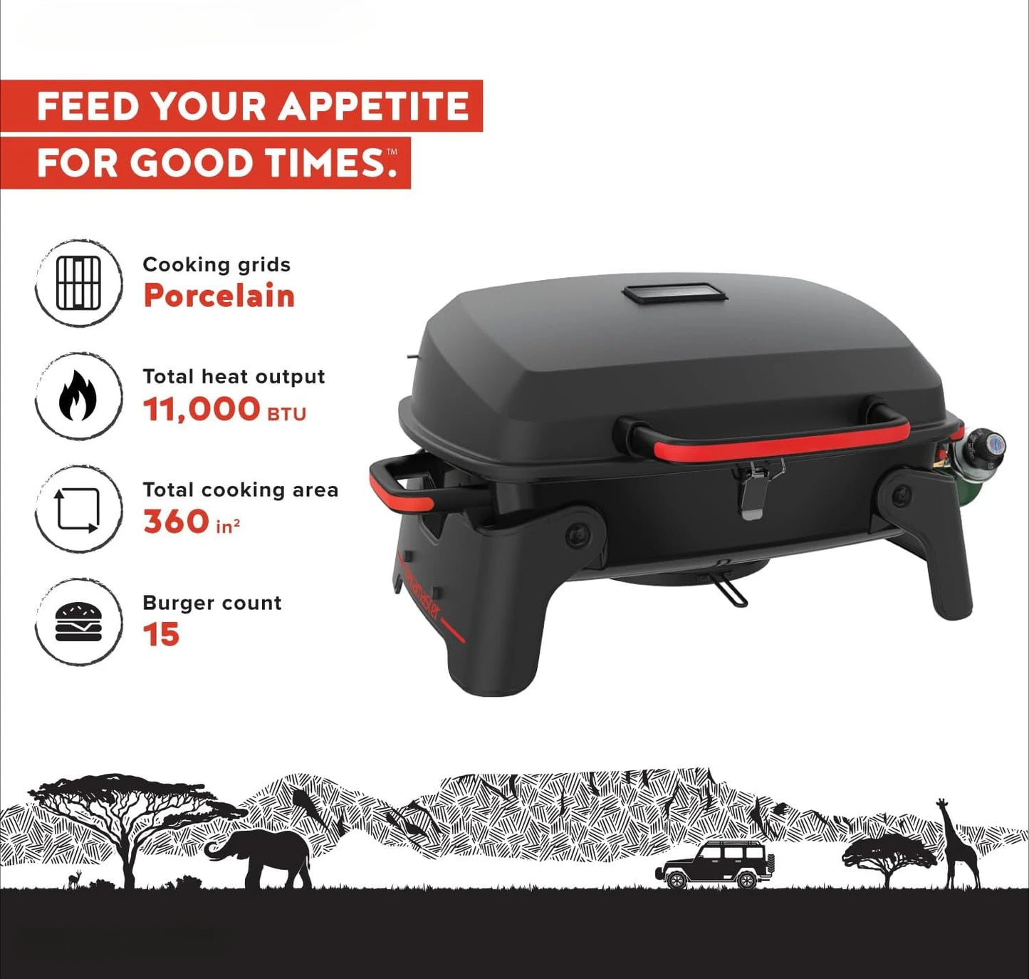 Megamaster 820-0065C One Burner Portable Gas Grill for Camping Outdoor Cooking Patio Garden Barbecue with Two Foldable Legs Red and Black
