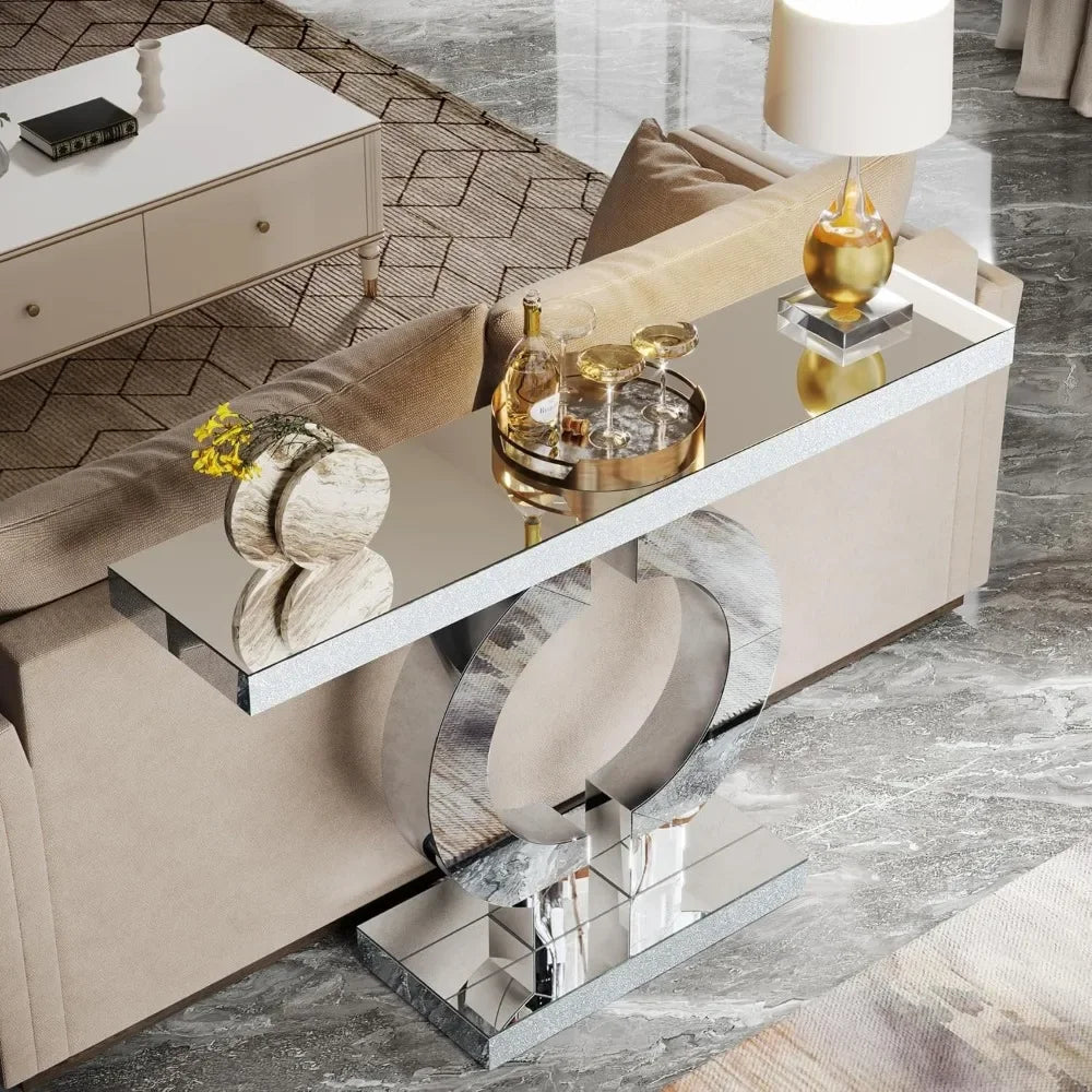 Modern Mirrored Console Table, Glass Sofa Table with Mirror Finish, 43-Inch Entryway Table with O-Shaped Base, Rectan