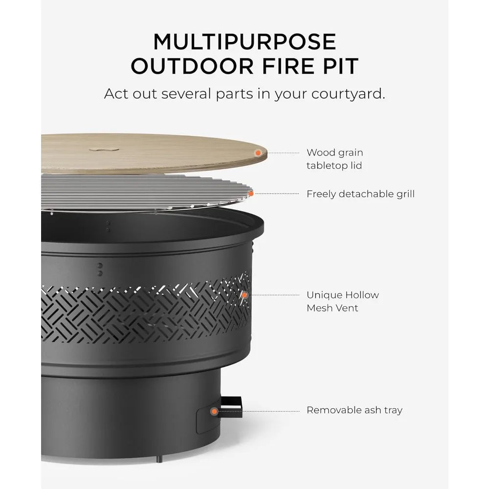 26 inch Fire Pit with Grill & Lid, Firepits for Outside Wood Burning Fire Pit Table with Fire Poker, Multifunctional Outdoor Fir