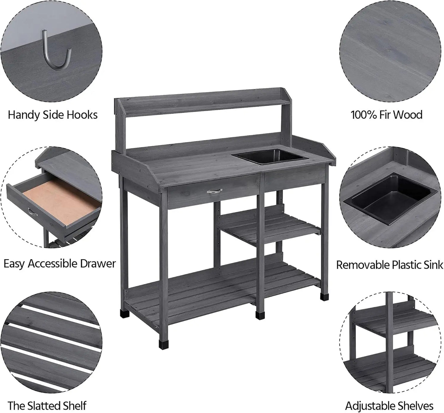 Outdoor Potting Bench Table Potters Benches Garden Workstation for Horticulture with Drawer/Adjustable Shelf Rack/Removable