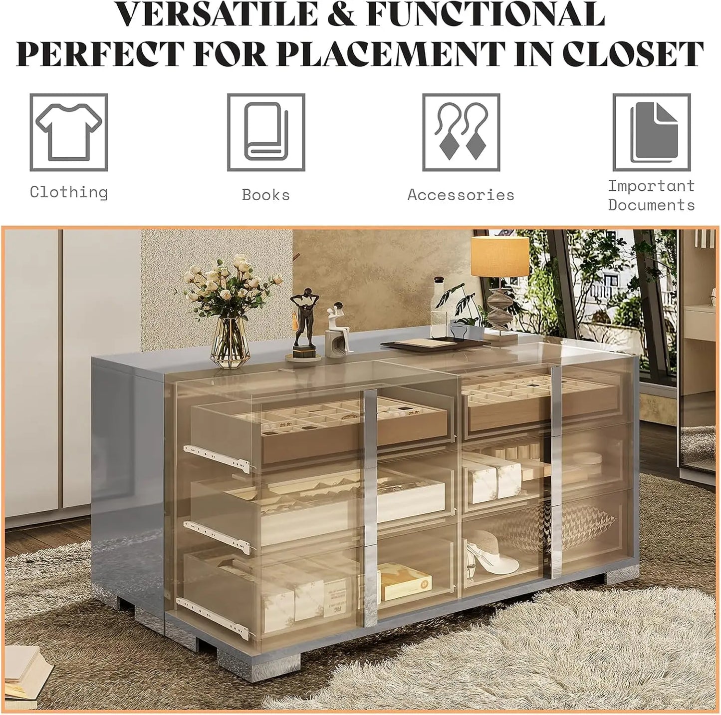 54" W High Gloss 6 Drawers Dressers with Silver Grooved Handles, Modern Storage Chest of Drawers with Wide Tabletop