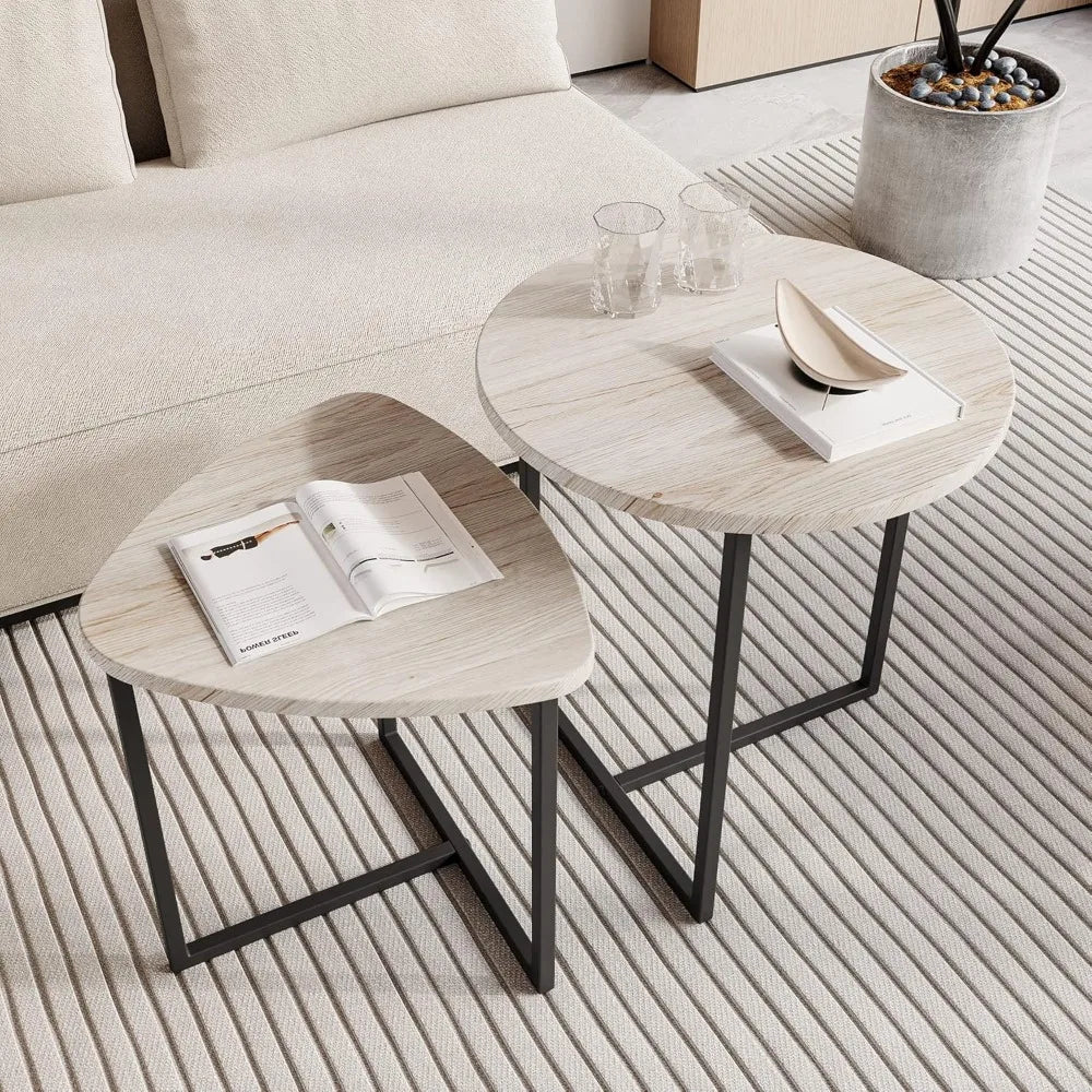 Round Coffee Table Set of 2 End Tables for Living Room Black Small Coffee Table Metal Frame and Wood Look Sturdy