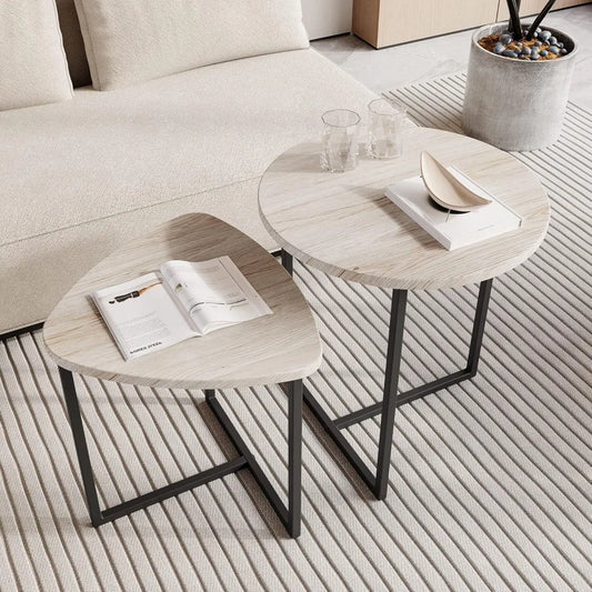 Round Coffee Table Set of 2 End Tables for Living Room Black Small Coffee Table Metal Frame and Wood Look Sturdy