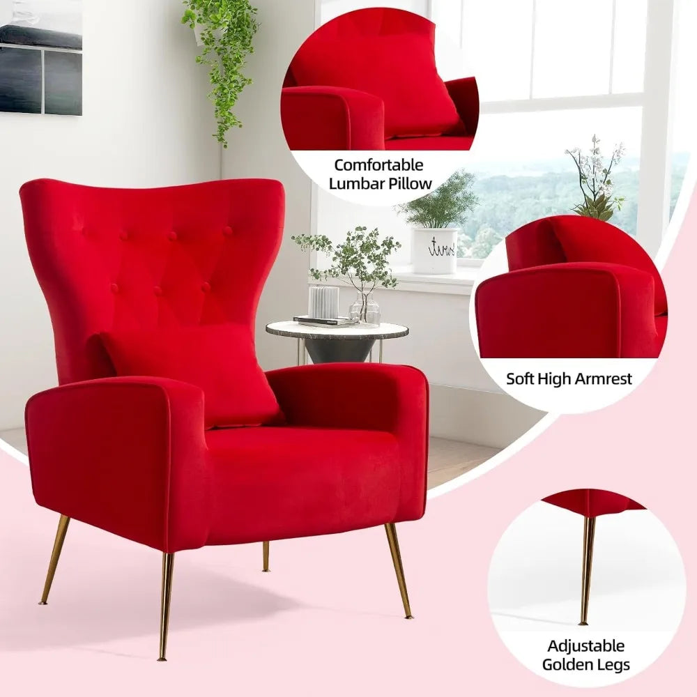 Velvet Accent Arm Chair Mid Century Modern Living Room Chair Wingback Bedroom Side Chair with Gold Legs and Pillow Button Tufted Design