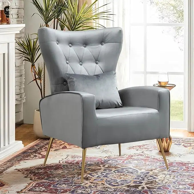 Velvet Accent Arm Chair Mid Century Modern Living Room Chair Wingback Bedroom Side Chair with Gold Legs and Pillow Button Tufted Design