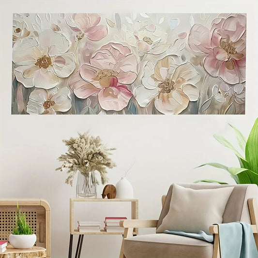 Elegant Abstract Pink Floral Canvas Art with Thick Pine Solid Wood Frame Vintage Style for Interior Decoration