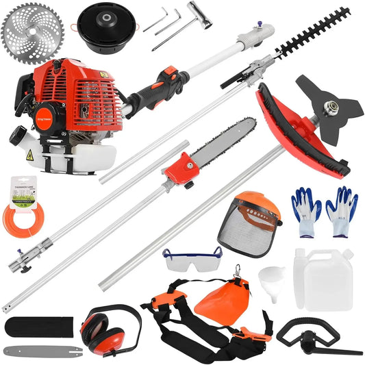 Lawn Mower 5 in 1 Weed Eater Powerful 52cc Petrol Hedge Trimmer Gas Powered Accessories Red