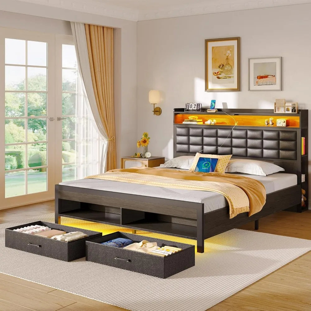 Rolanstar Full Size Bed Frame with Storage Headboard and Two Drawers Upholstered Platform Bed with Charging Station and LED Light
