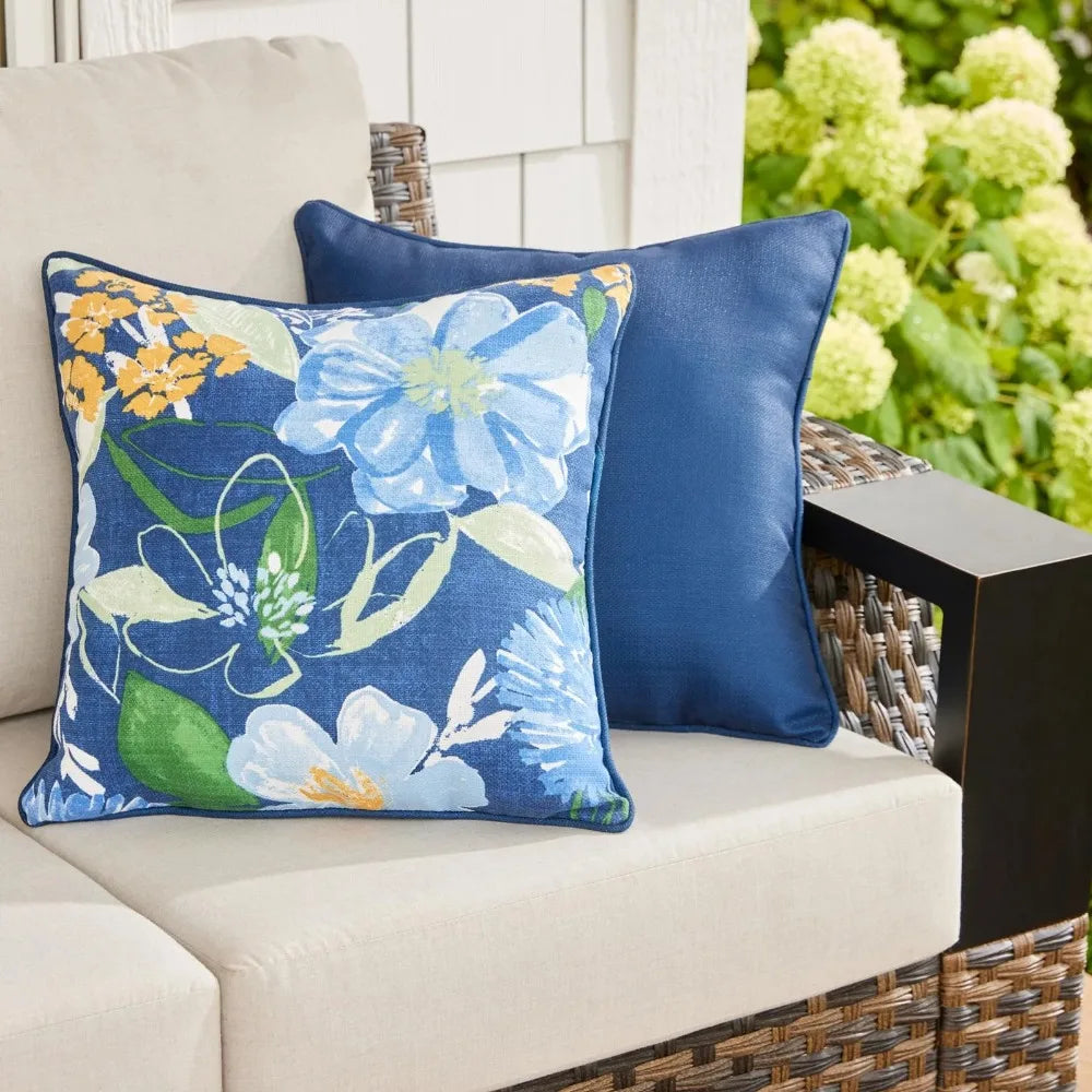 Blue Floral Outdoor Throw Pillow
