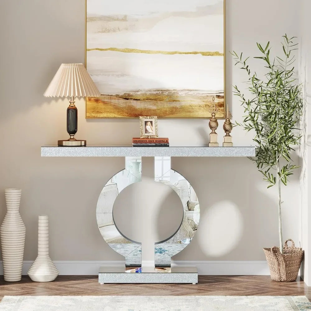 Modern Mirrored Console Table, Glass Sofa Table with Mirror Finish, 43-Inch Entryway Table with O-Shaped Base, Rectan