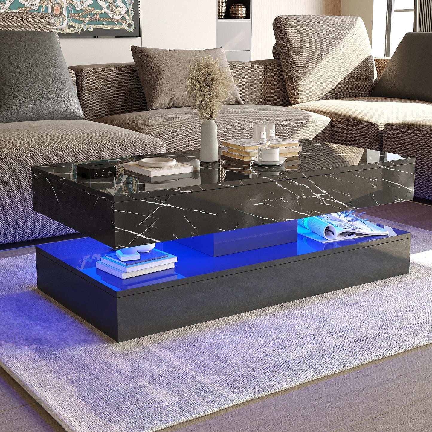 LED Coffee Table with 2 Storage Drawers Modern High Gloss Design Marbling Print 2 Tier Rectangle Center Table