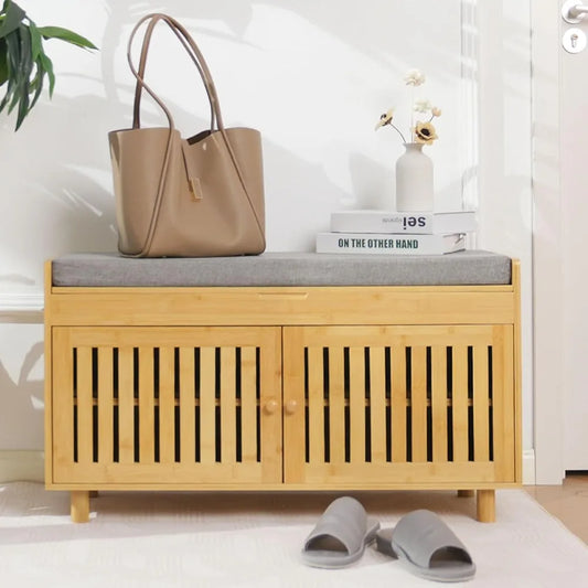 Hign Concerned Bamboo Shoe Storage Bench With Cushion