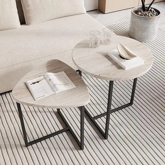 Round Coffee Table Set of 2 End Tables for Living Room Black Small Coffee Table Metal Frame and Wood Look Sturdy