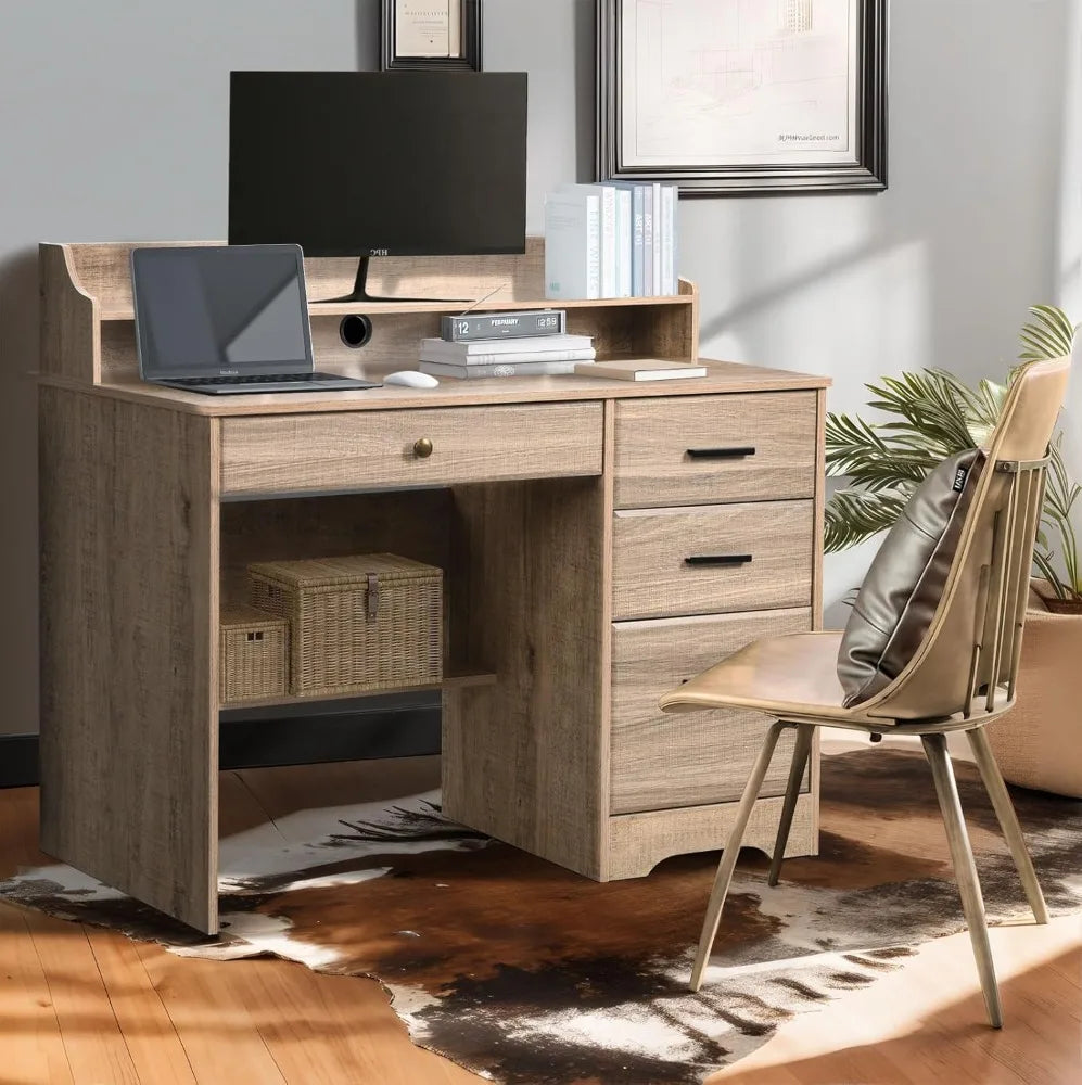 Catrimown Computer Desk with Drawers and Hutch, Wood Executive Desks for Home Office Bedrooms Desk Student Teen Writing Table