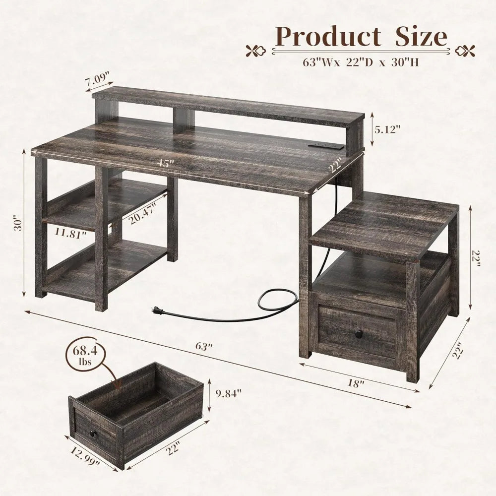 63" Farmhouse Style Computer Desk with Drawers, Storage Shelves and Power Outlets, Home Office Desks with Long Monitor Stand fo