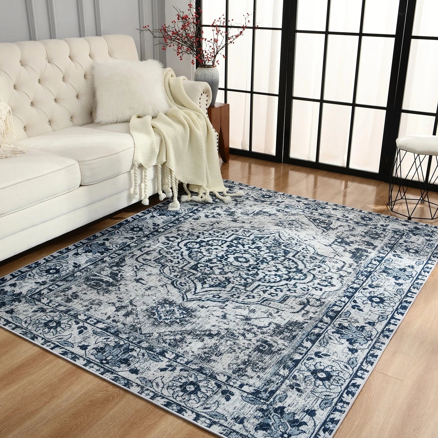 Boho Vintage Washable Bedroom Rug, Soft Accent Rugs for Living Room Dining Room, Non-Slip Non-Shedding Low-Pile Entryway Rug