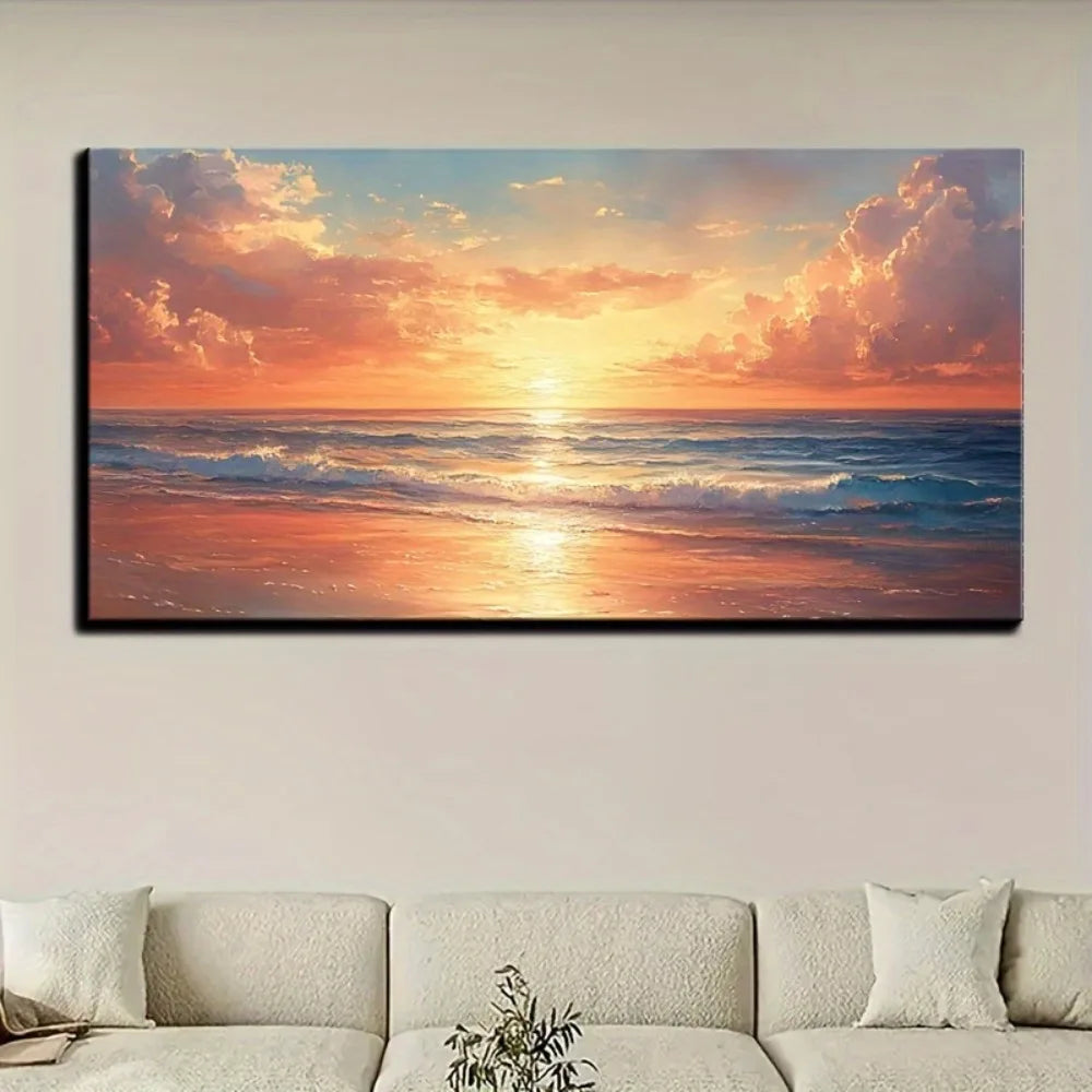 Seaside Sunrise Scenery Modern Abstract Oil Painting Canvas Wall Decoration with Pine Solid Wood Frame