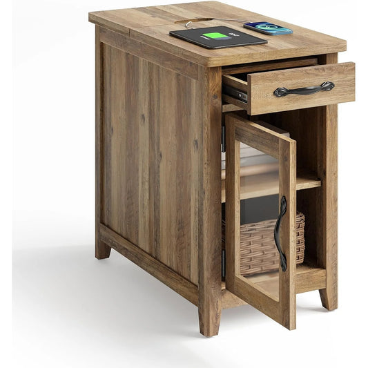 Farmhouse End Table With Charging Station Narrow Side Table For Living Room Sofa Side Table With Drawer And Storage Cabinet
