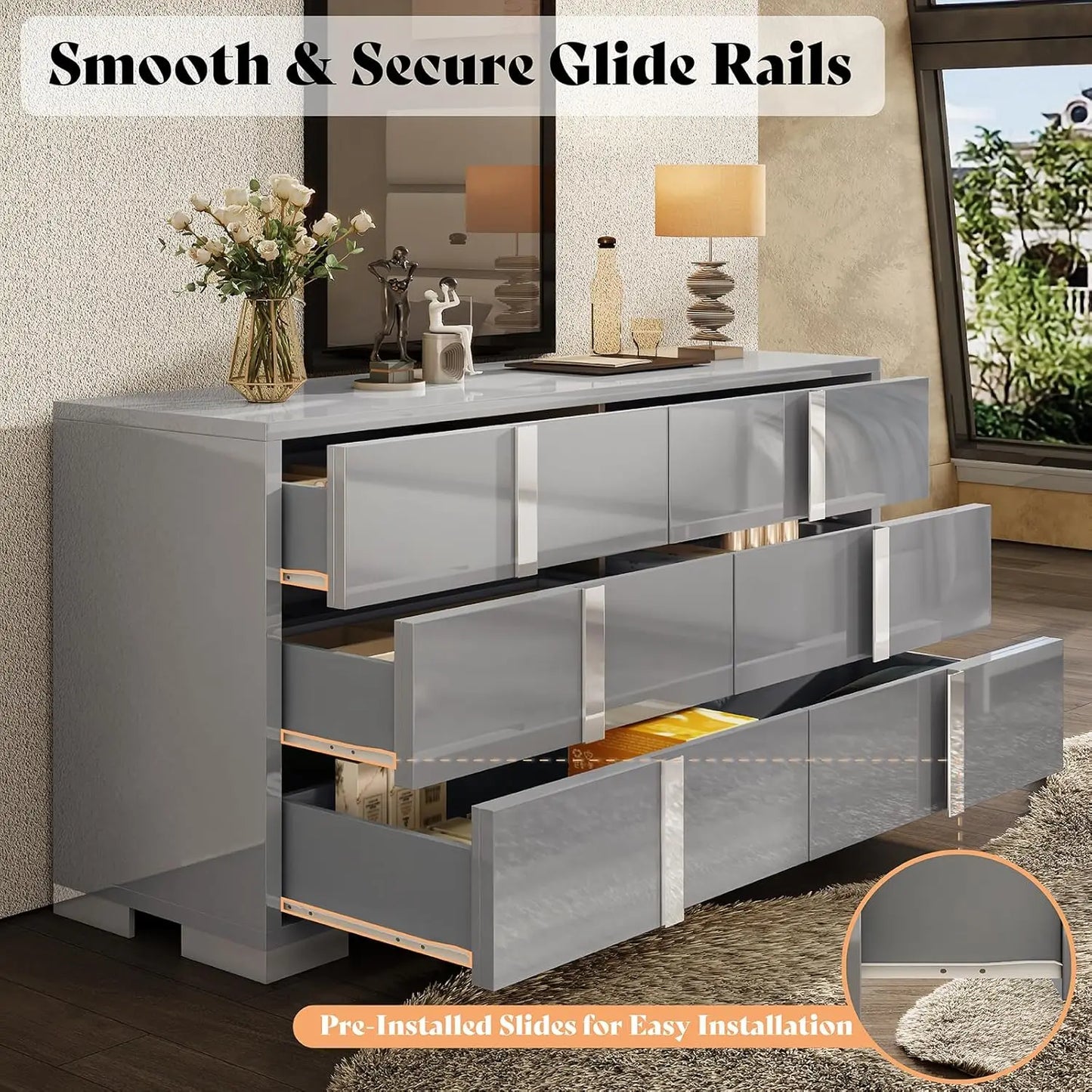 54" W High Gloss 6 Drawers Dressers with Silver Grooved Handles, Modern Storage Chest of Drawers with Wide Tabletop