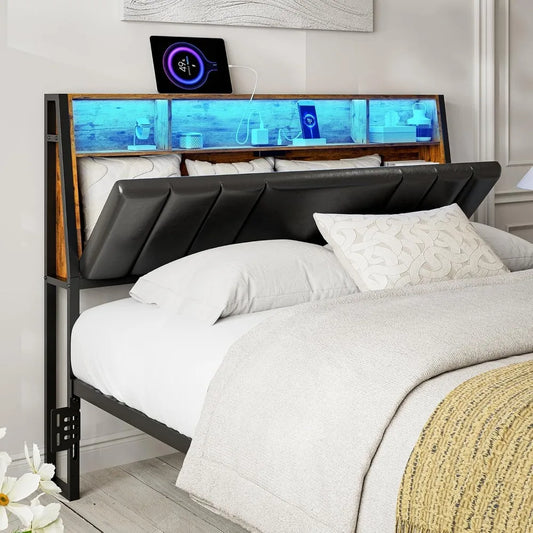 Hidden Storage Headboard Queen Size with Charging Station, Ergonomic Upholstered Queen Headboard Only with LED Lights, 2 Outlet