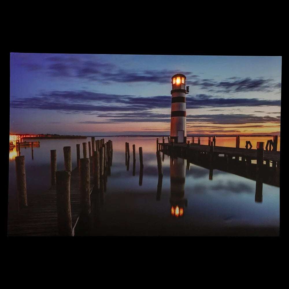 LED Lighted Coastal Sunset Lighthouse Canvas Wall Art Ready to Hang Battery Operated Indoor Decor 15.75 x 23.5 Inches