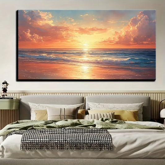 Seaside Sunrise Scenery Modern Abstract Oil Painting Canvas Wall Decoration with Pine Solid Wood Frame