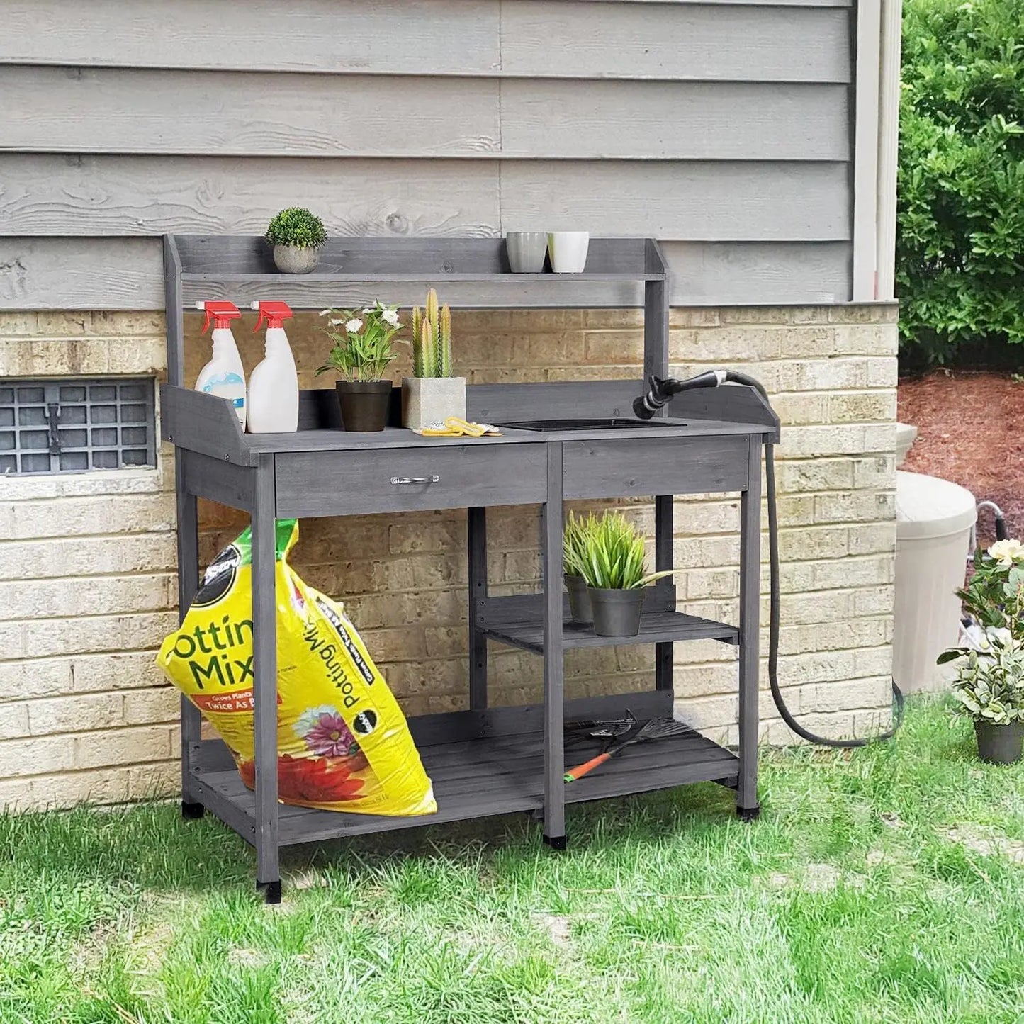 Outdoor Potting Bench Table Potters Benches Garden Workstation for Horticulture with Drawer/Adjustable Shelf Rack/Removable
