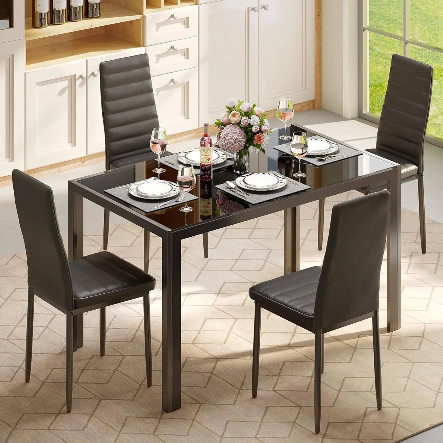 XMSJH Modern Glass Dining Table Set With PU Chairs Comfort