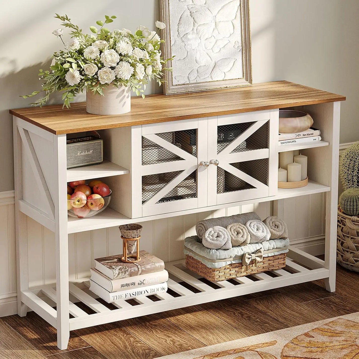 Vabches Entryway Table with 2 Screen Doors&5 Open Storage Shelves&Sturdy Legs White Wood Console Table for Living Room Hallway