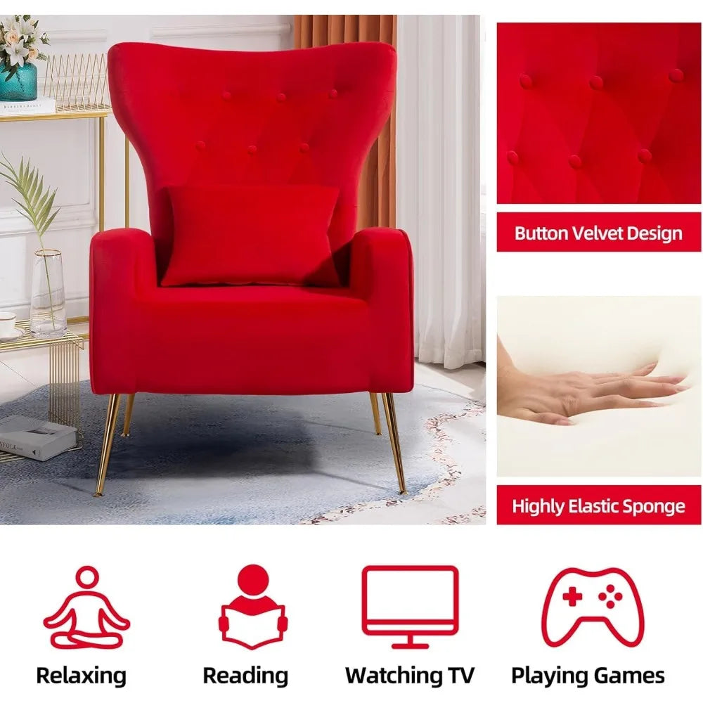 Velvet Accent Arm Chair Mid Century Modern Living Room Chair Wingback Bedroom Side Chair with Gold Legs and Pillow Button Tufted Design