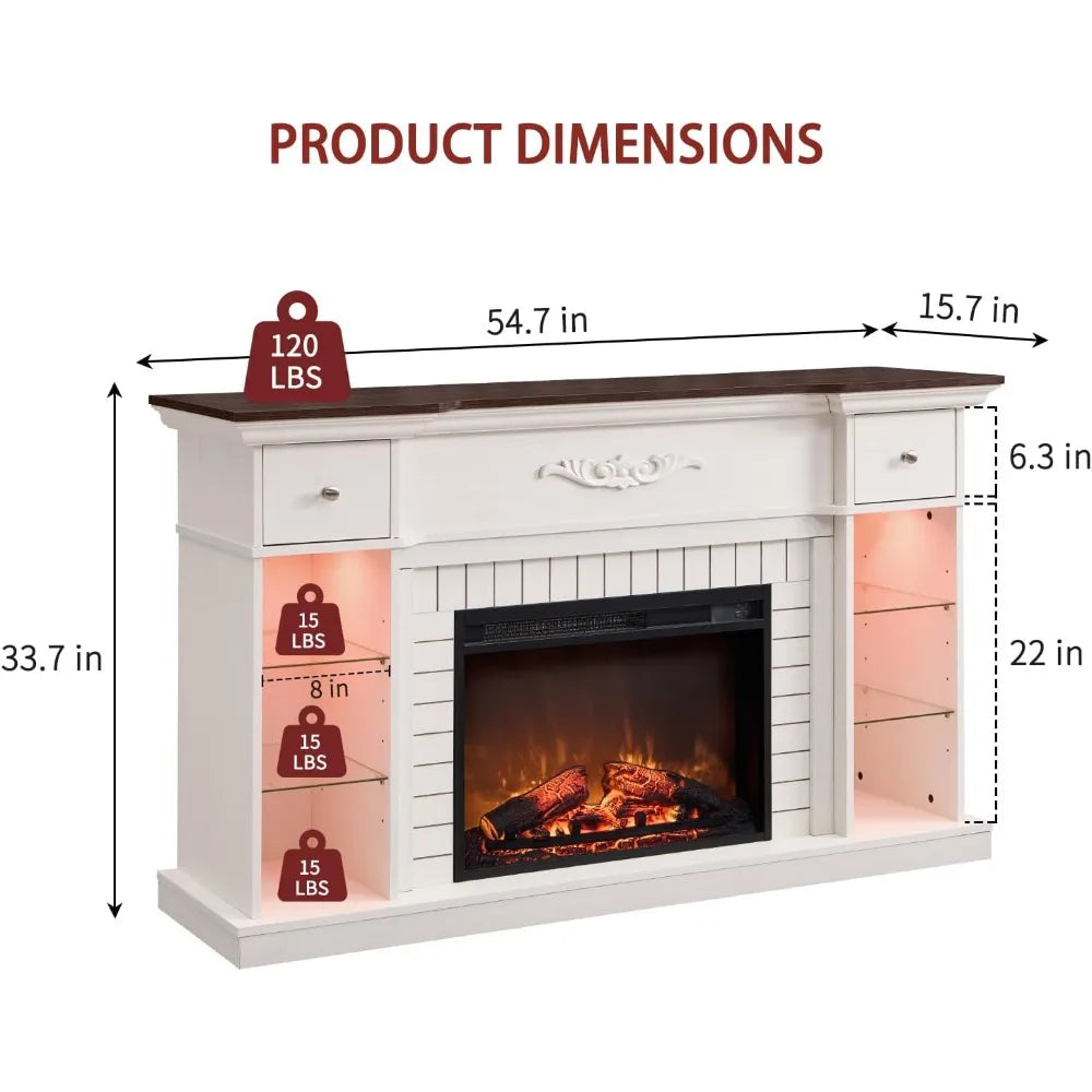 54 Inch Farmhouse Electric Fireplace TV Stand for 60 Inch Television 33 Inch Tall LED Entertainment Center with 7 Color Open Adjustable Shelves