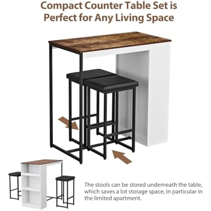 3 Piece Dining Table Set Kitchen Bar Table with Two Stools and Storage Shelves Wood Counter Height Table Top with Sew Kerf Finish