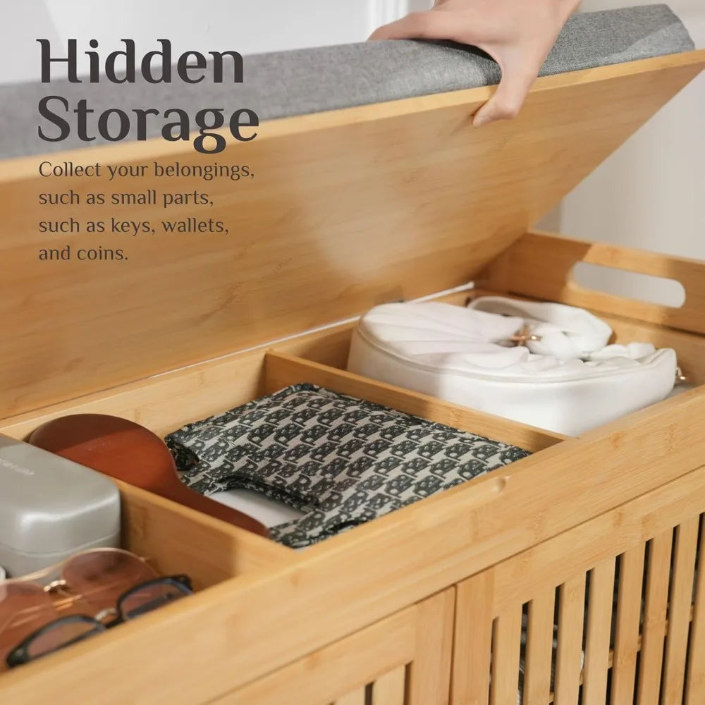 Hign Concerned Bamboo Shoe Storage Bench With Cushion