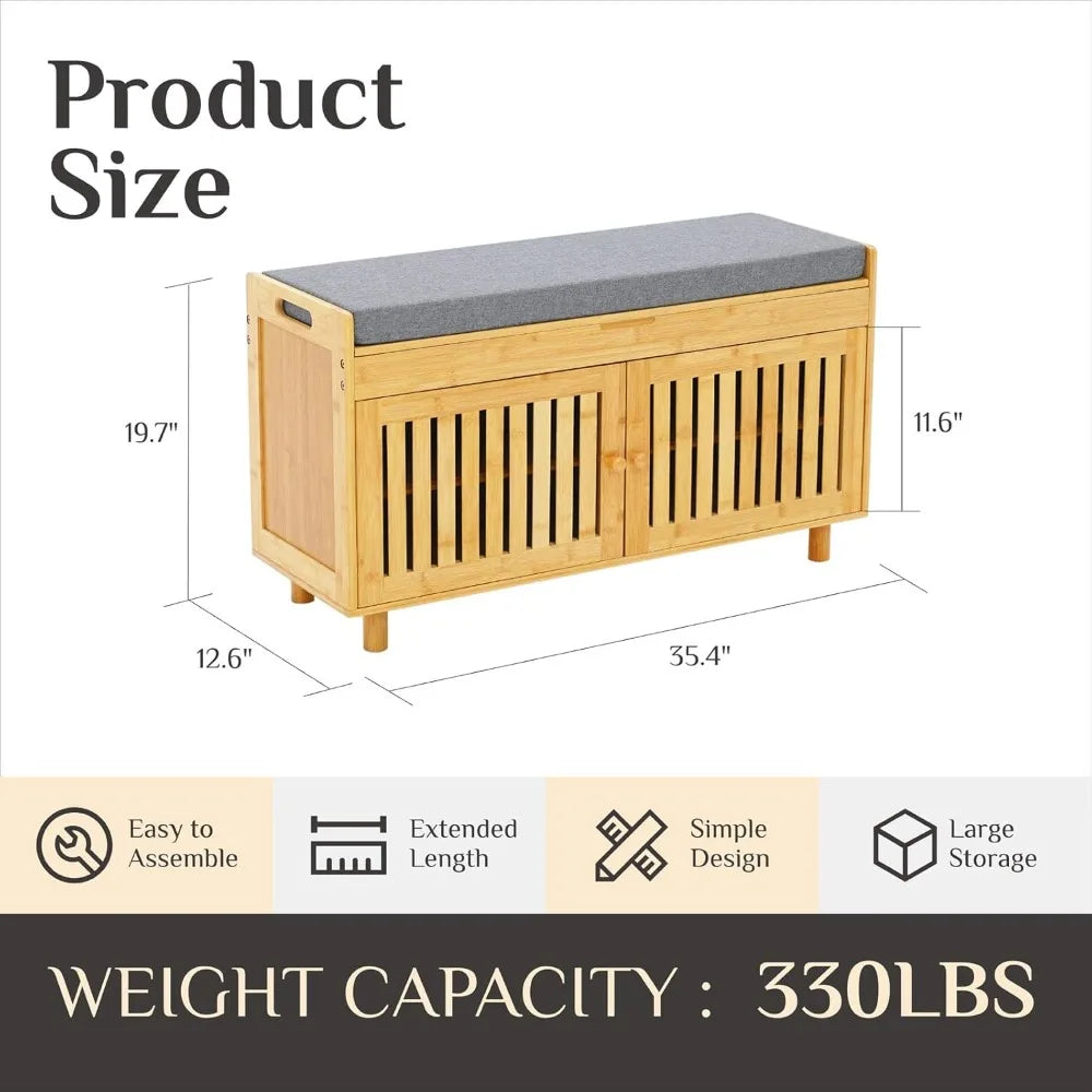 Hign Concerned Bamboo Shoe Storage Bench With Cushion