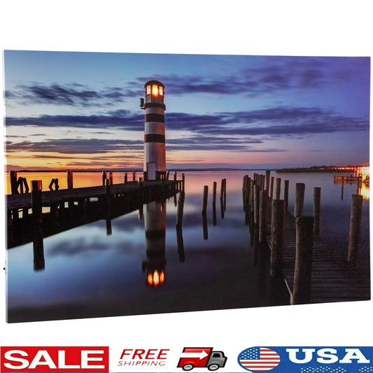 LED Lighted Coastal Sunset Lighthouse Canvas Wall Art Ready to Hang Battery Operated Indoor Decor 15.75 x 23.5 Inches