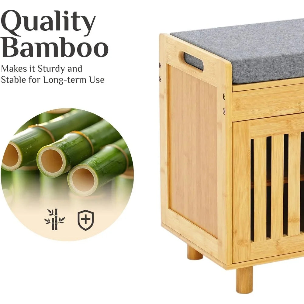 Hign Concerned Bamboo Shoe Storage Bench With Cushion