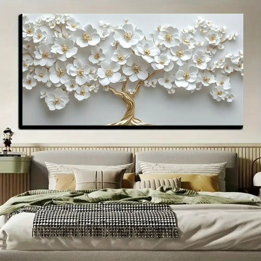 Nordic White Flower Oil Painting on Canvas Modern Art Deco Wall Painting with 1.5 Inch Thick Pine Solid Wood Frame