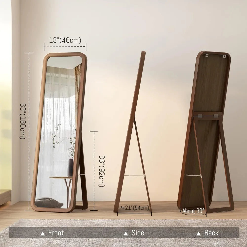Wooden full-length mirror, 63 "18" floor or wall mounted, solid wood frame with rounded corners, bedroom vanity mirror