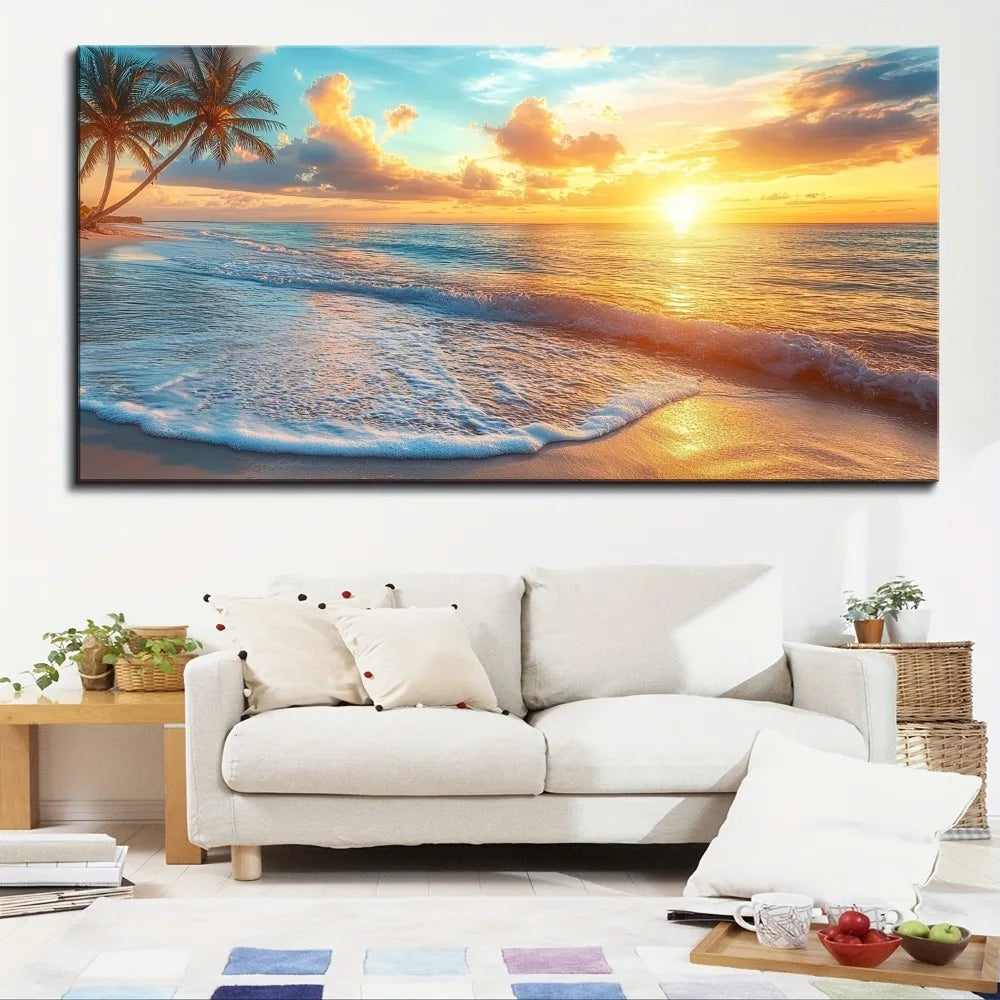 1.5 Inch Thick Pine Solid Wood Frame Natural Scenery Canvas Mural Ocean Sunset Coast Scenery Beach Picture Wall Decoration