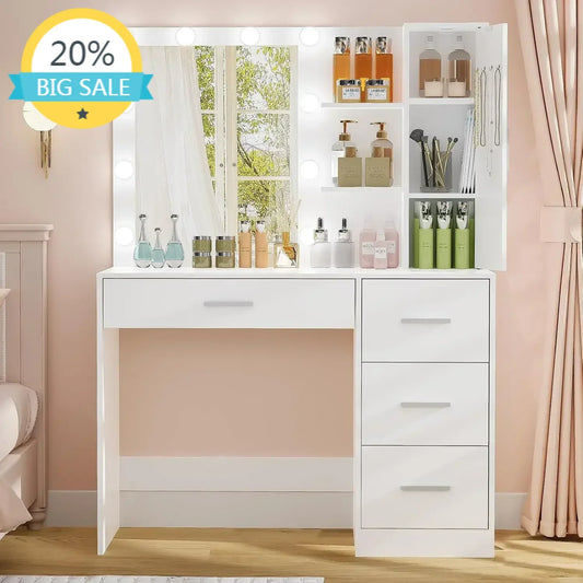 Makeup Vanity With Lights Large Vanity Desk With Mirror And 10 LED Lights Vanity Table Set With 4 Drawers Cabinet And 4 Necklace Hooks Dressing Table For Bedroom White