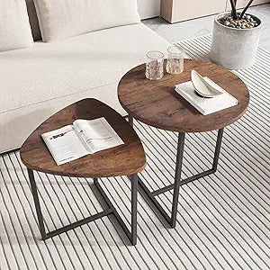 Round Coffee Table Set of 2 End Tables for Living Room Black Small Coffee Table Metal Frame and Wood Look Sturdy